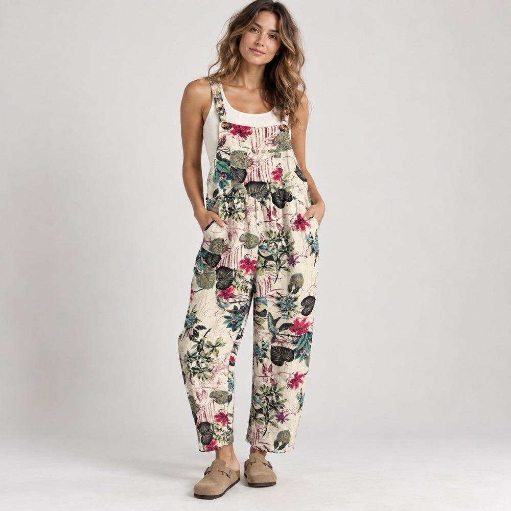 Floral Botanical Overalls M Cotton Blend Boho Cottagecore Lagenlook Jumpsuit